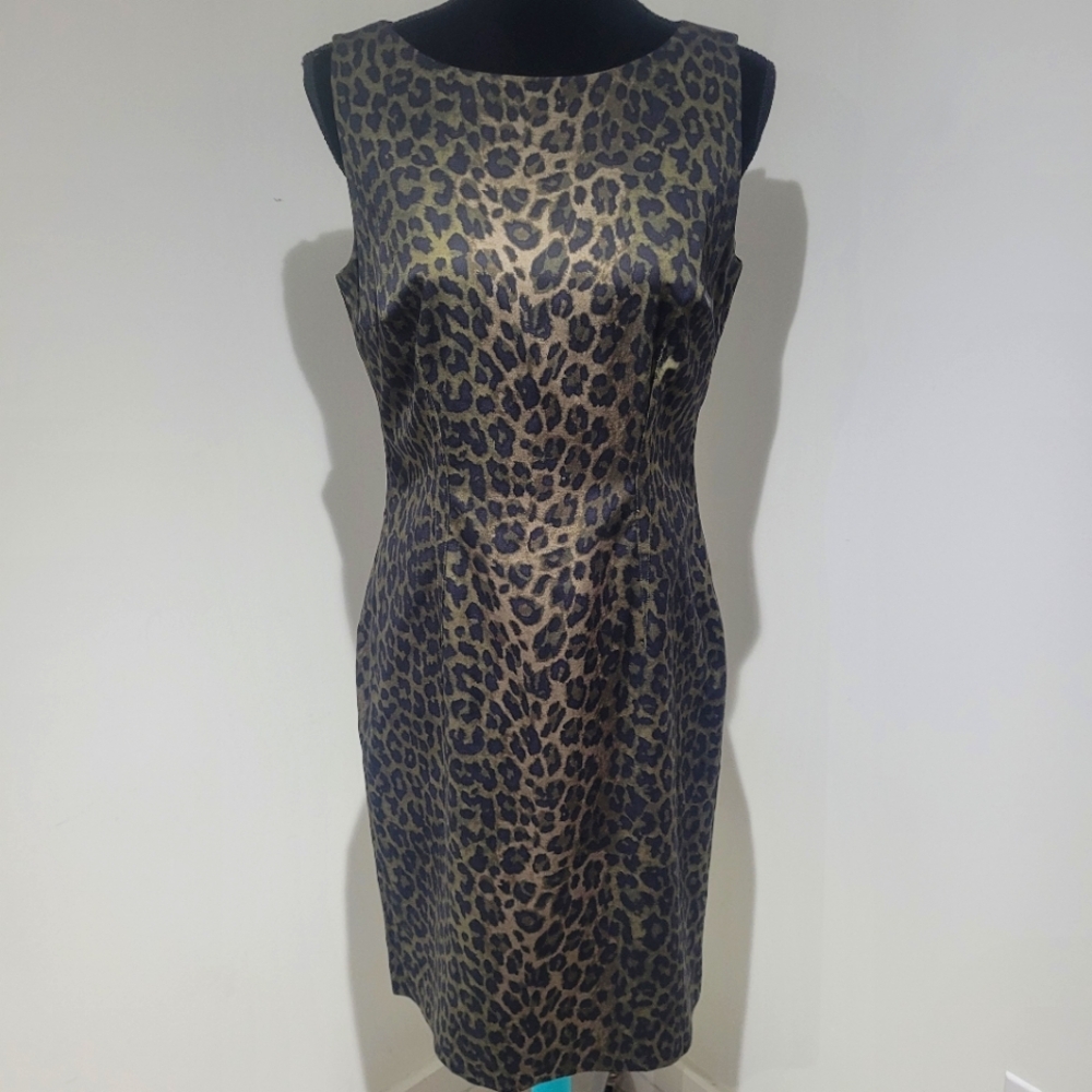 Ann Taylor Women's Leopard Print Sleeveless Pencil Midi Dress 8 Black Brown Edgy